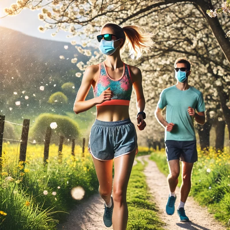 Consejos para Correr al Aire Libre Durante la Temporada de Alergias 1 a man and woman running on a path with face masks
