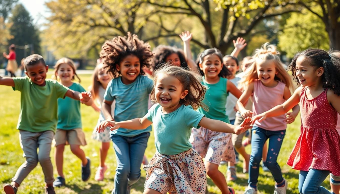 Niños bailando en grupo desarrollando habilidades sociales Niños bailando en grupo desarrollando habilidades sociales