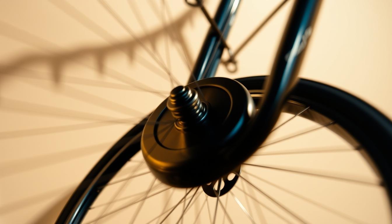 A close-up view of a spinning bicycle wheel, capturing the mesmerizing gyroscopic effect. The wheel's spokes blur into a hypnotic pattern as it rotates rapidly, showcasing the physics behind a bicycle's remarkable balance and stability. The wheel is centered in the frame, set against a neutral background that allows the dynamic motion to take center stage. Warm, directional lighting casts subtle shadows, highlighting the three-dimensional form and adding depth to the scene. The overall mood is one of scientific intrigue, inviting the viewer to ponder the ingenious mechanical principles at work.