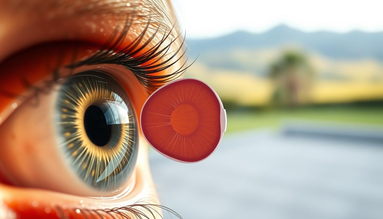 A detailed anatomical diagram showcasing the contrast between central and peripheral vision. In the foreground, a close-up view of the human eye, the pupil and iris rendered in sharp focus. The middle ground depicts a cut-away section of the eye, illustrating the retina and the distribution of rod and cone cells responsible for central and peripheral vision. In the background, a softly blurred scene of an outdoor landscape, suggesting the expanded field of view enabled by peripheral vision. The lighting is natural and diffuse, casting subtle shadows that accentuate the eye's intricate structures. The overall mood is one of scientific curiosity and visual exploration.
