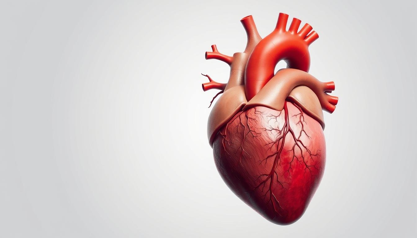 A detailed anatomical illustration depicting the human heart and cardiovascular system, rendered in a realistic medical style. The heart is prominently featured in the foreground, surrounded by a cross-section of the thoracic cavity revealing the lungs, blood vessels, and other organs. The background features a clean, minimalist layout with a light gray gradient, emphasizing the subject matter. The lighting is soft and directional, creating subtle shadows and highlights that accentuate the intricate structures. The overall mood is informative and educational, conveying the importance of a healthy cardiovascular system.