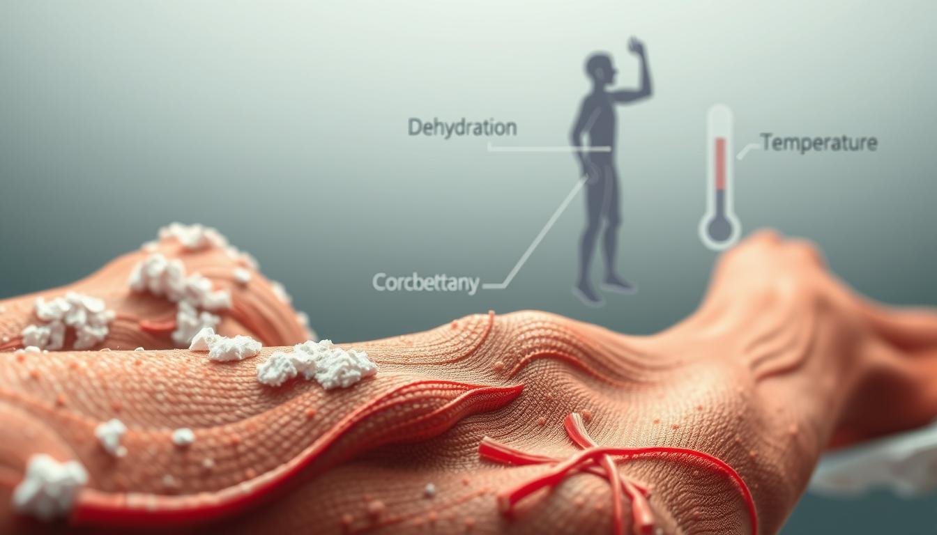 A detailed close-up view of the various factors and causes that can lead to muscle cramps, presented in a clean, informative medical illustration style. The foreground showcases dehydration, electrolyte imbalances, and overexertion, with textured depictions of sweat, mineral deficiencies, and strained muscle fibers. The middle ground highlights circulatory issues, poor flexibility, and muscle fatigue, while the background features temperature extremes, underlying health conditions, and insufficient warm-up. Rendered with a muted color palette, soft lighting, and a depth of field that draws the viewer's attention to the key elements. The overall composition conveys a sense of clinical analysis and educational insight into the primary triggers of muscle cramps.