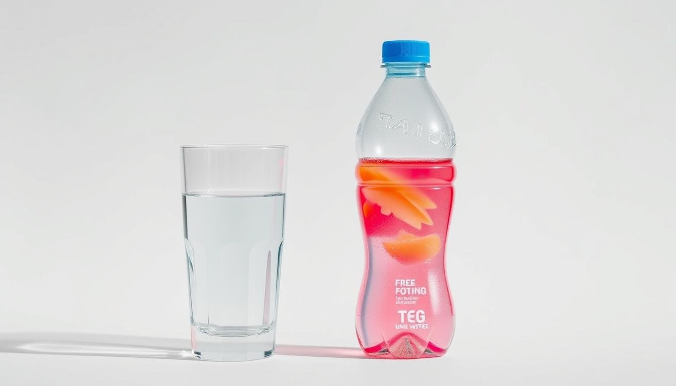 A detailed comparison of water and isotonic beverages displayed in a clean, minimalist composition. In the foreground, a crystal-clear glass of water and a sports drink bottle filled with a vibrant, electrolyte-rich liquid. The middle ground showcases a side-by-side visual analysis, highlighting the key differences in color, clarity, and composition. The background is a soft, neutral gradient that allows the subject to take center stage. Balanced natural lighting accentuates the transparency and reflective qualities of the liquids. The overall mood is one of scientific scrutiny and healthy hydration options.