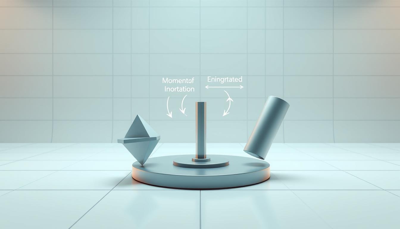 A detailed illustration of the concept of moment of inertia, showcasing the comparison between two objects with different mass distributions. The foreground depicts two geometric shapes, one compact and the other elongated, rotating around a central axis. The middle ground highlights the differing ease of rotation, with visual cues demonstrating the principle of moment of inertia. The background features a clean, minimalist setting with subtle grid lines, creating a scientific and technical atmosphere. Soft, directional lighting emphasizes the shapes and their rotational dynamics, allowing the viewer to clearly understand the underlying physics principles.