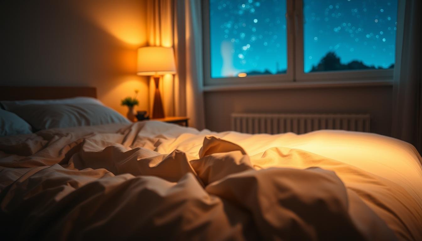 A dimly lit bedroom with a serene, calming atmosphere. In the foreground, a plush bed with soft, rumpled bedding invites the viewer to rest. Diffused ambient lighting casts a warm, golden glow, creating a cozy and tranquil ambiance. The middle ground features a nightstand with a reading lamp, a glass of water, and a book, hinting at the relaxing nighttime routine. In the background, a large window frames a starry night sky, subtly suggesting the importance of quality sleep for overall well-being. The entire scene evokes a sense of peaceful repose, reflecting the practical strategies for improving nocturnal sleep.