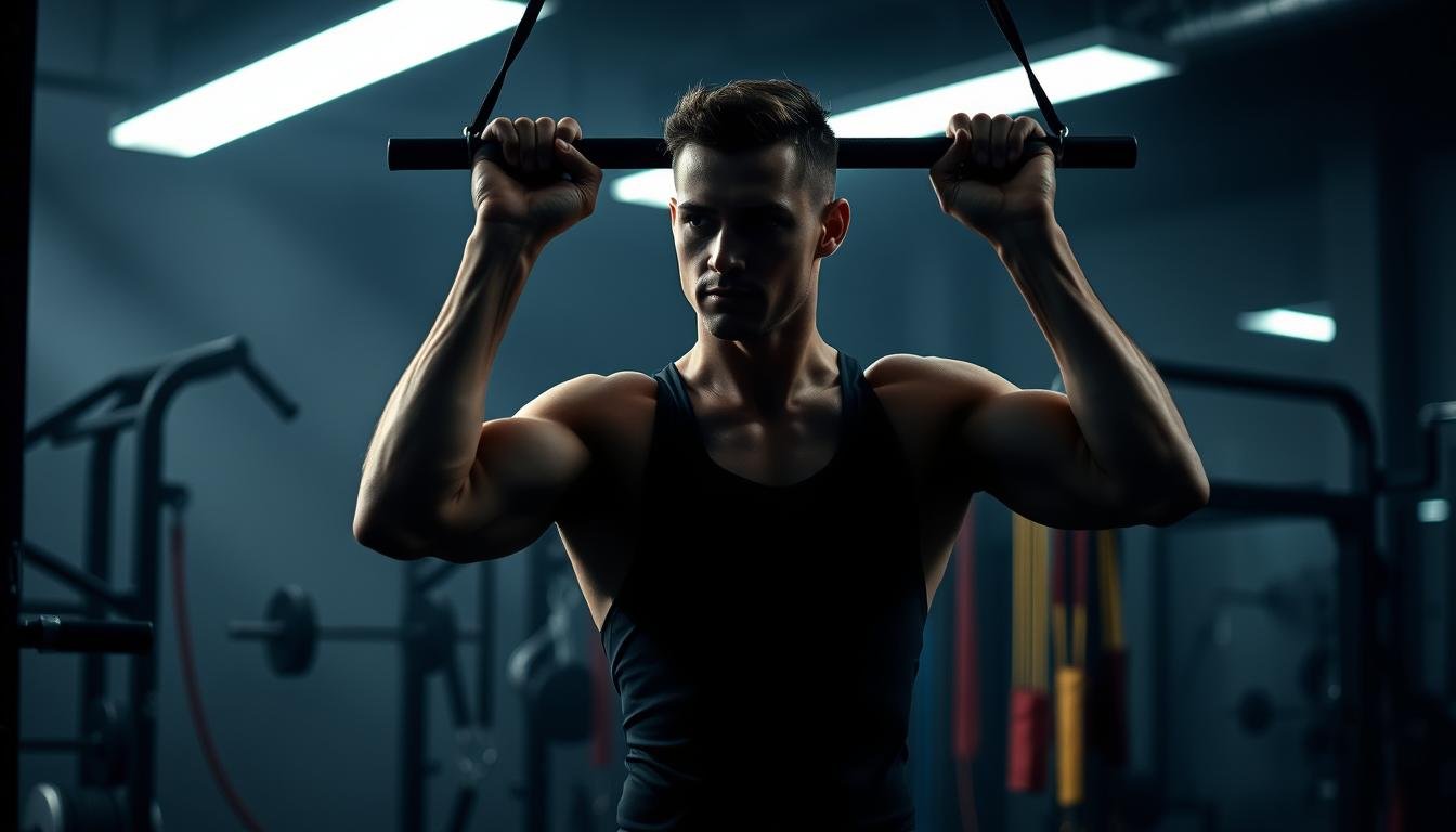 A dimly lit gym interior, with a focused individual performing a series of strength exercises. The foreground depicts the person in a sleek workout outfit, their muscles tense as they engage in a set of pull-ups, their face reflecting determination. The middle ground showcases various workout equipment, including free weights and resistance bands, suggesting a well-equipped training space. The background is hazy, with subtle lighting and a sense of concentration, emphasizing the individual's dedication to their fitness routine. The overall atmosphere conveys the idea of strategic, focused exercise performed in a fasted state, optimizing the body's fat-burning potential.