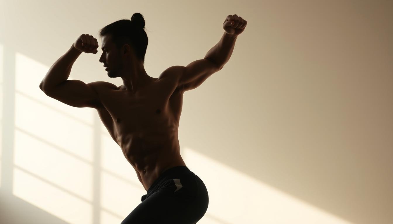 A dynamic athlete performing a high-intensity fat-burning exercise, their body silhouetted against a clean, minimalist background. Glowing natural lighting accentuates the contours of the figure, highlighting the effort and intensity of the workout. The pose conveys a sense of focus and determination, with the figure in a powerful, explosive motion. The overall atmosphere is one of discipline, challenge, and the pursuit of physical transformation.