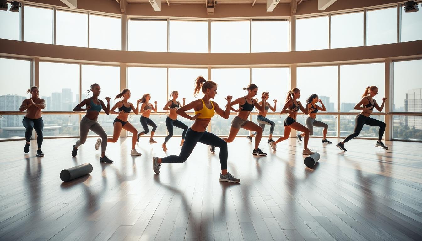 A dynamic exercise routine set against a bright, airy gymnasium interior. In the foreground, a diverse group of individuals perform a sequence of flowing, athletic movements - lunges, squats, twists, and jumps. Their bodies are highlighted by warm, diffused lighting, casting dynamic shadows on the polished hardwood floor. The middle ground features exercise equipment such as resistance bands and foam rollers, while the background showcases large windows overlooking an urban landscape, evoking a sense of vitality and purpose. The overall mood is energetic, empowering, and designed to prepare the body for optimal physical performance.