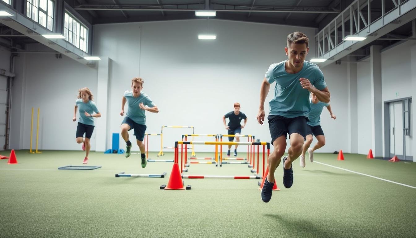 A dynamic fitness training session showcasing the benefits of agility exercises. Set in a modern sports facility with bright, natural lighting and a clean, minimalist aesthetic. The foreground depicts a group of young athletes performing high-intensity plyometric drills, their bodies in motion, showcasing enhanced coordination, speed, and reflexes. The middle ground features a mix of equipment like agility ladders, hurdles, and cones, while the background offers a serene, uncluttered space that allows the viewer to focus on the training process. The overall tone is one of discipline, energy, and the physical rewards of dedicated agility practice.