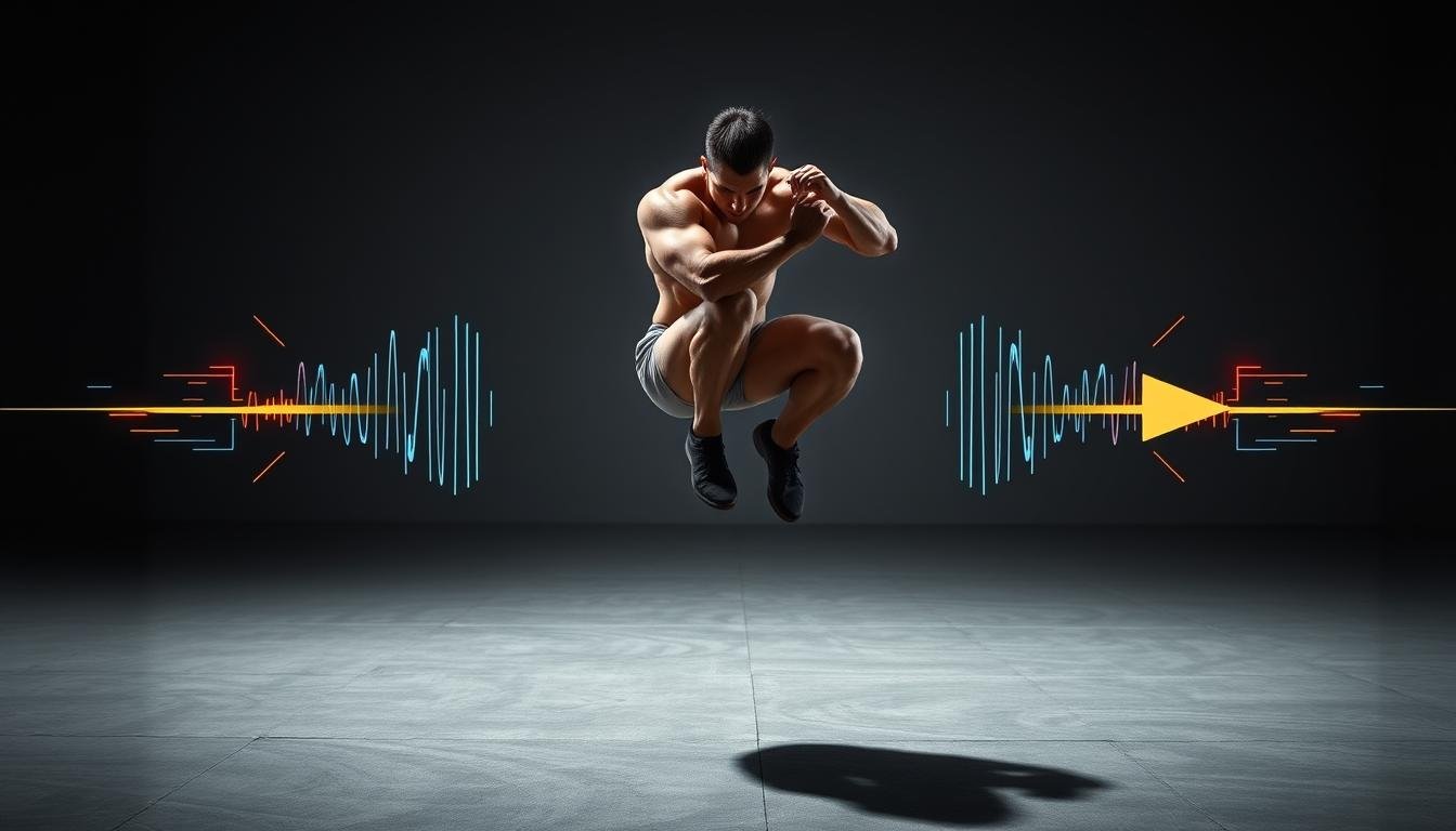 A dynamic illustration of the stretch-shortening cycle, the engine of plyometrics. In the foreground, a muscular figure in a powerful jumping pose, their body coiled with tension. Surrounding them, a visual representation of the cycle - a pulsing arrow tracing the eccentric lengthening and concentric shortening of the muscles, with vibrant energy radiating outwards. The background is a sleek, minimalist setting, emphasizing the technical precision of this explosive movement. Dramatic lighting casts shadows that accentuate the figure's musculature, while a shallow depth of field keeps the focus on the central action. An image that captures the dynamic nature of the stretch-shortening cycle, the key to unlocking plyometric power.