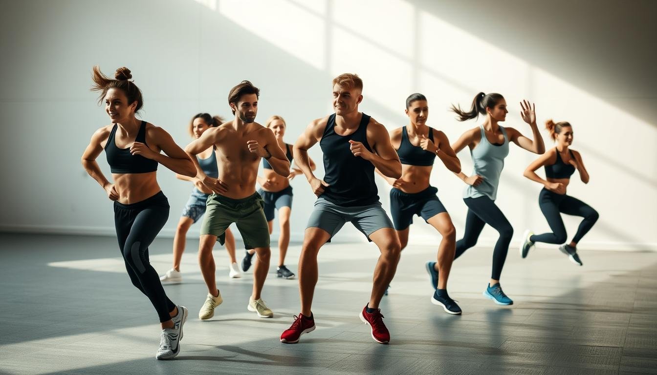 A dynamic warm-up routine featuring a group of athletes performing a series of fluid, energetic movements. The foreground showcases the athletes in motion, their bodies in perfect sync as they engage in a variety of dynamic stretches and cardio exercises. The middle ground captures the intensity of their workout, with sweat glistening on their skin and expressions of focus and determination. The background is a minimalist, modern gym setting with clean lines and neutral tones, creating a sense of clarity and purpose. The lighting is bright and natural, highlighting the athletes' athleticism and the vibrant energy of the scene. The overall mood is one of efficiency, discipline, and the preparation for peak physical performance.