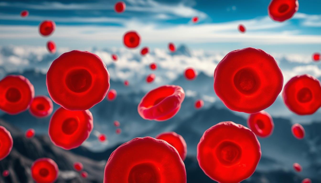 A high-altitude landscape with a close-up view of red blood cells. The cells are depicted with intricate detail, their biconcave discs illuminated by warm, diffused lighting that casts subtle shadows. The background is a serene, atmospheric mountain scene, with wispy clouds drifting across a deep blue sky. The overall mood is one of scientific curiosity and physiological wonder, capturing the essence of the article's focus on the benefits of high-altitude training for elite athletes.
