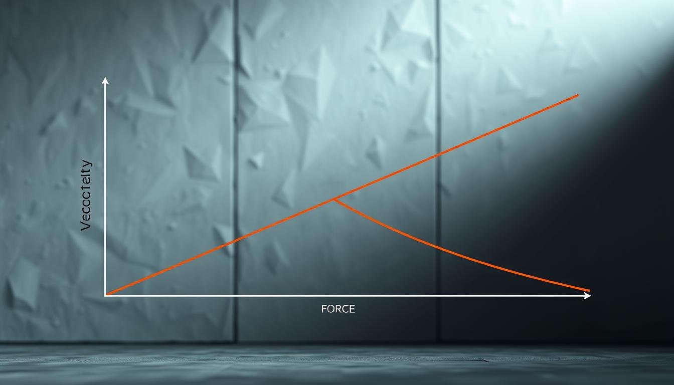 A high-contrast, technical diagram depicting the force-velocity profile for explosive vertical jumping. The foreground shows a clean, minimalist line graph with x-axis labeled "Velocity" and y-axis labeled "Force", illustrating the optimal relationship between force and velocity for maximal power output. The middle ground includes abstract geometric shapes and angular lines representing the biomechanical forces involved in jumping. The background features a slightly out-of-focus, textured backdrop evoking a scientific or academic setting, with muted colors and subtle lighting to maintain focus on the central diagram.