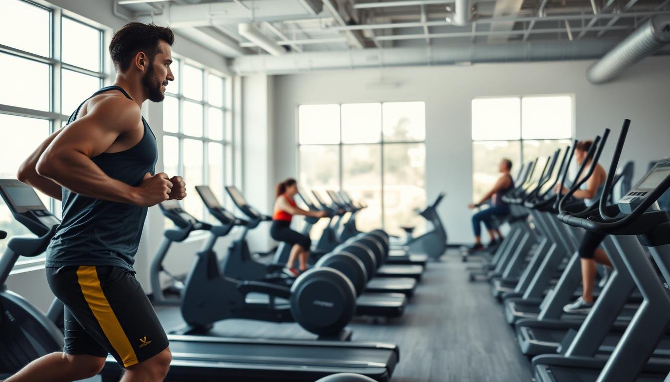 A high-intensity cardiovascular training session unfolds in a modern, well-equipped gym. In the foreground, a determined athlete performs a series of dynamic exercises on a treadmill, their form and movement captured in sharp detail. The middle ground features a diverse array of cardio equipment, including stationary bikes, rowing machines, and ellipticals, all occupied by individuals pushing their limits. Overhead, the gym's bright, natural lighting filters through large windows, creating a warm, motivating atmosphere. The background showcases a minimalist, yet functional gym interior, with sleek, state-of-the-art design elements that evoke a sense of efficiency and progress. The scene conveys a powerful narrative of dedication, discipline, and the pursuit of enhanced cardiovascular fitness.
