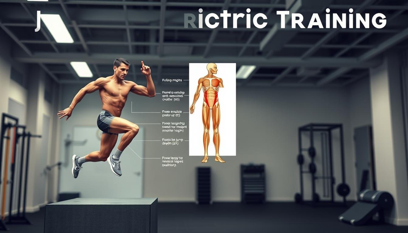A high-quality, realistic image depicting the origin and fundamentals of plyometric training. The foreground shows a muscular athlete performing a plyometric exercise, such as a box jump or depth jump, with powerful explosive motion. The middle ground features a simplified anatomical diagram highlighting the key muscle groups and biomechanics involved. The background has a clean, clinical setting with subtle details like exercise equipment or training facility infrastructure. Crisp lighting, a shallow depth of field, and a muted color palette create a professional, educational tone. The overall composition and technical details convey the scientific principles and physical mechanics underlying plyometric training techniques.