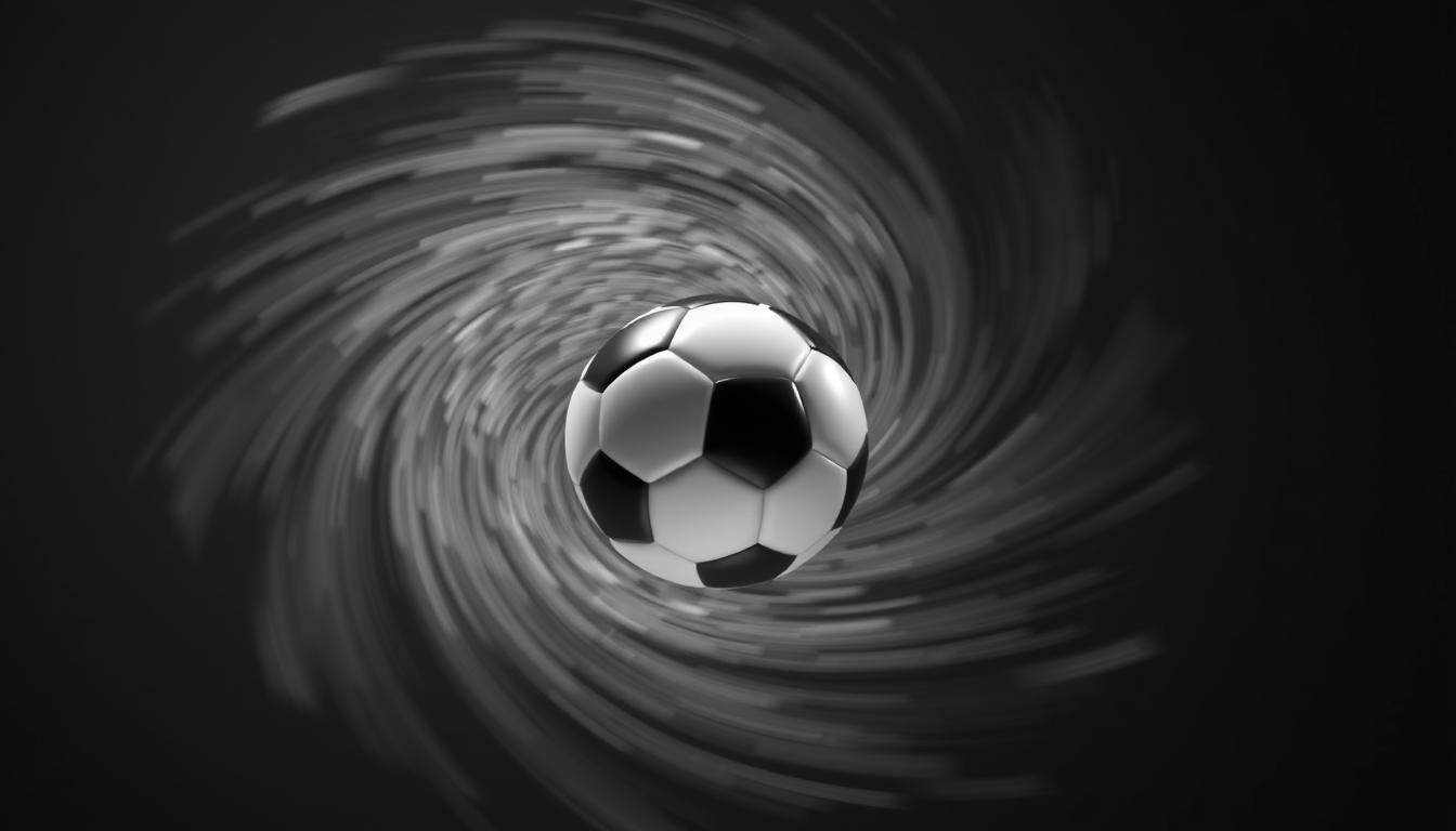 A high-resolution, realistic 3D rendering of the "Magnus effect" in action. In the foreground, a soccer ball spinning rapidly, with visible curved lines of air flow around its surface, creating the signature curved trajectory. The middle ground features a swirling vortex of air currents, with turbulent eddies and swirling patterns. The background is a neutral, shadowy environment, allowing the physics of the effect to be the focal point. Dramatic, directional lighting emphasizes the dynamic movement and energy of the scene. A combination of photorealistic textures, intricate fluid simulations, and precise camera angles result in a striking, technically-detailed illustration of this fundamental aerodynamic principle.