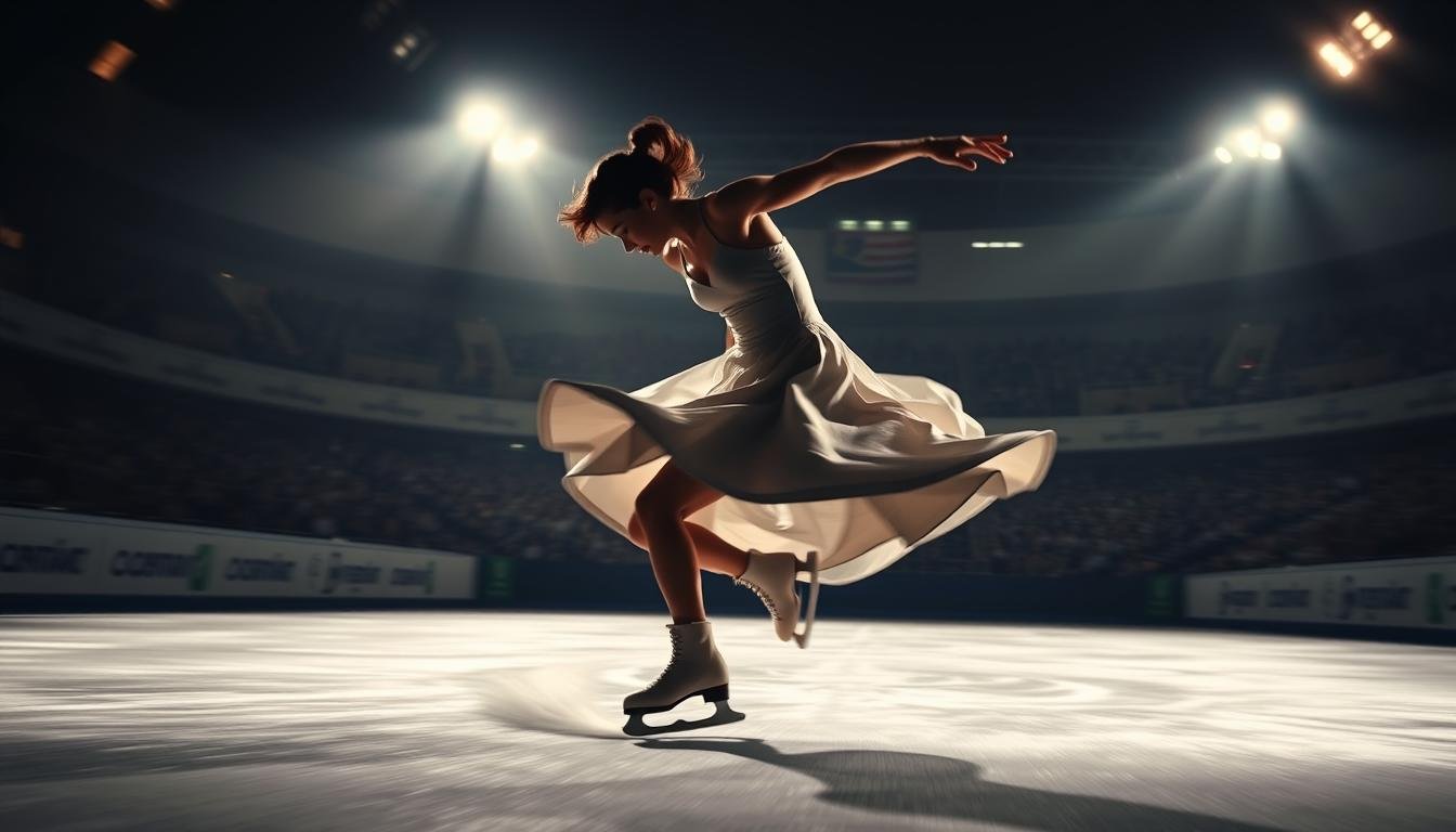 A high-speed rotation of a competitive figure skater, their body tightly coiled as they spin, arms pulled in close to their torso. Dramatic chiaroscuro lighting illuminates the graceful lines of their form, accentuating the dynamic distribution of mass as they pirouette. The skater appears to defy gravity, their motion frozen in a moment of pure kinetic energy. The background is a blurred arena, the audience a muted presence, allowing the viewer to focus on the physics at play - the principle of conservation of angular momentum that governs the skater's acceleration. An arresting, technically precise depiction of the physical forces underlying the rapid spin of a skilled figure skater.