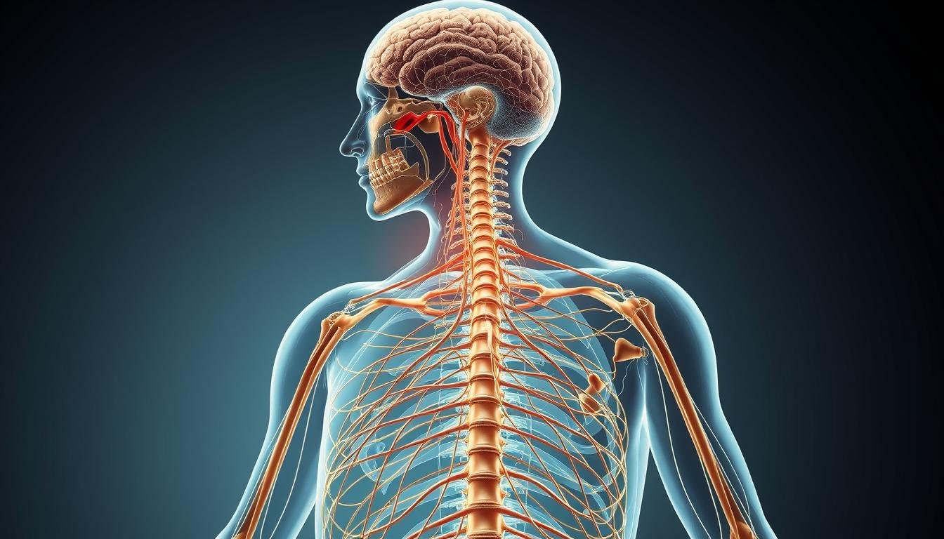 A highly detailed and anatomically accurate illustration of the human nervous system and its sensory receptors. The image should depict the central and peripheral nervous systems, including the brain, spinal cord, and various nerve pathways. The receptors, such as mechanoreceptors, thermoreceptors, and chemoreceptors, should be prominently featured, showcasing their intricate structures and locations within the body. The illustration should be rendered in a realistic, scientific style with a neutral color palette, utilizing lighting and shadows to enhance the three-dimensional appearance of the subject matter. The overall composition should convey a sense of depth and interconnectivity, highlighting the complex and integrated nature of the nervous system and its role in maintaining balance and proprioception.
