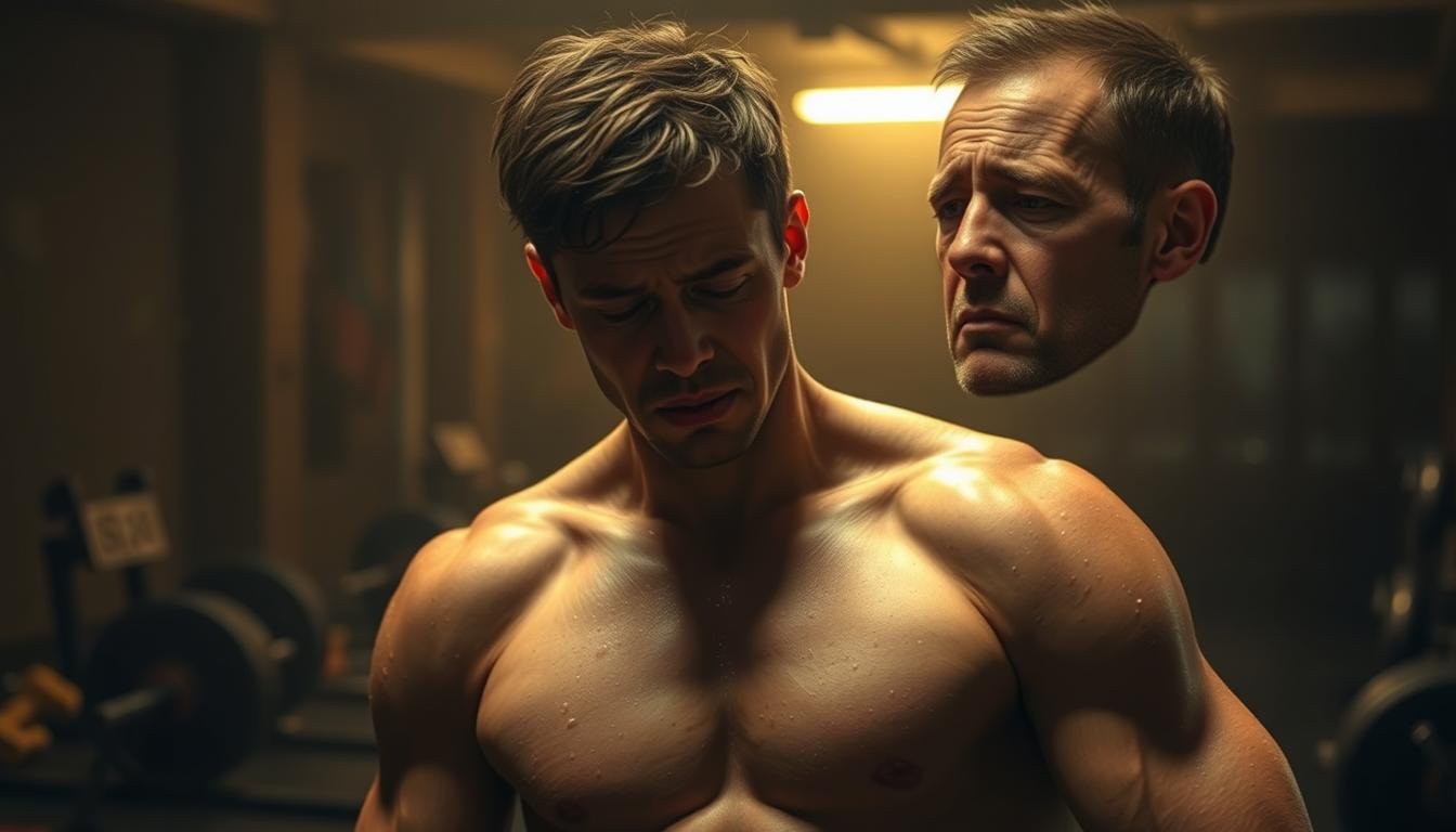 A human figure in the foreground, weary and exhausted, with muscles visibly sore and tender. Beads of sweat dotting the skin, a pained expression on the face. The middle ground shows a hazy, dimly lit gym setting, equipment scattered about, conveying the aftermath of a rigorous workout. The background is a soft, muted palette, creating a sense of heaviness and the slow passage of time. Warm, golden lighting casts a subtle glow, highlighting the fatigued, aching muscles. The overall atmosphere is one of delayed, lingering discomfort - the "delayed onset muscle soreness" experienced days after physical exertion.