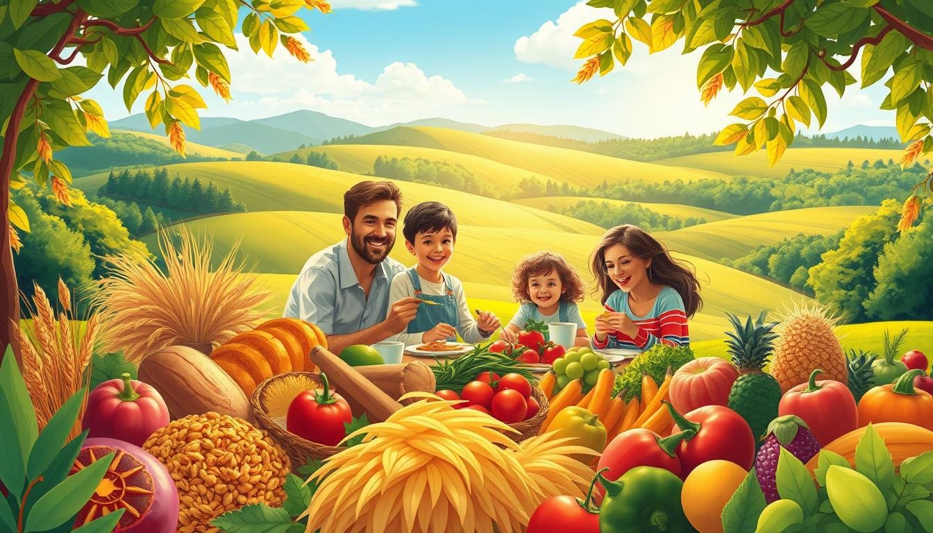 A lush, vibrant illustration depicting the benefits of carbohydrates. In the foreground, an array of whole grains, fresh fruits, and vegetables, glowing with a warm, natural light. In the middle ground, a family enjoying a healthy, balanced meal, faces aglow with energy and contentment. In the background, a pastoral landscape with rolling hills, a bright blue sky, and a verdant forest, symbolizing the nourishing, restorative power of carbohydrates. The scene is infused with a sense of vitality, balance, and the joy of healthy living.