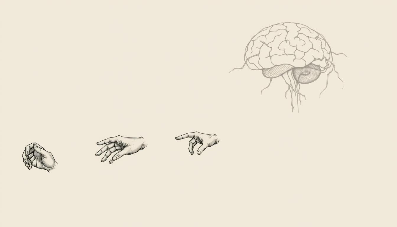 A meticulously detailed series of anatomical sketches depicting the phases of a technical movement, rendered in a clean, scientific illustration style using muted tones and precise linework. The foreground showcases the progression of a hand and arm executing a precise, controlled motion, with each stage clearly delineated. The middle ground features a neutral background that allows the focus to remain on the subject, while the background subtly suggests the brain and nervous system through abstract, flowing forms and neural network-inspired patterns. Subtle highlights and shadows enhance the sense of depth and volume, creating a sense of depth and emphasizing the technical nature of the movement.