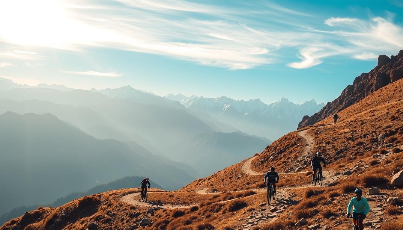 A mountainous landscape at high altitude, with runners and cyclists in the foreground traversing winding trails against a backdrop of snow-capped peaks. The sky is a crisp, clear blue, with wispy clouds illuminated by the warm glow of the sun. The lighting is soft and diffused, casting long shadows and highlighting the contours of the terrain. The overall atmosphere conveys a sense of tranquility and athletic challenge, reflecting the rigors of high-altitude training. The image should capture the essence of the "Protocolos de Adaptación y Recomendaciones Prácticas" section, showcasing the physical and environmental factors that contribute to the success of Kenyan endurance athletes.