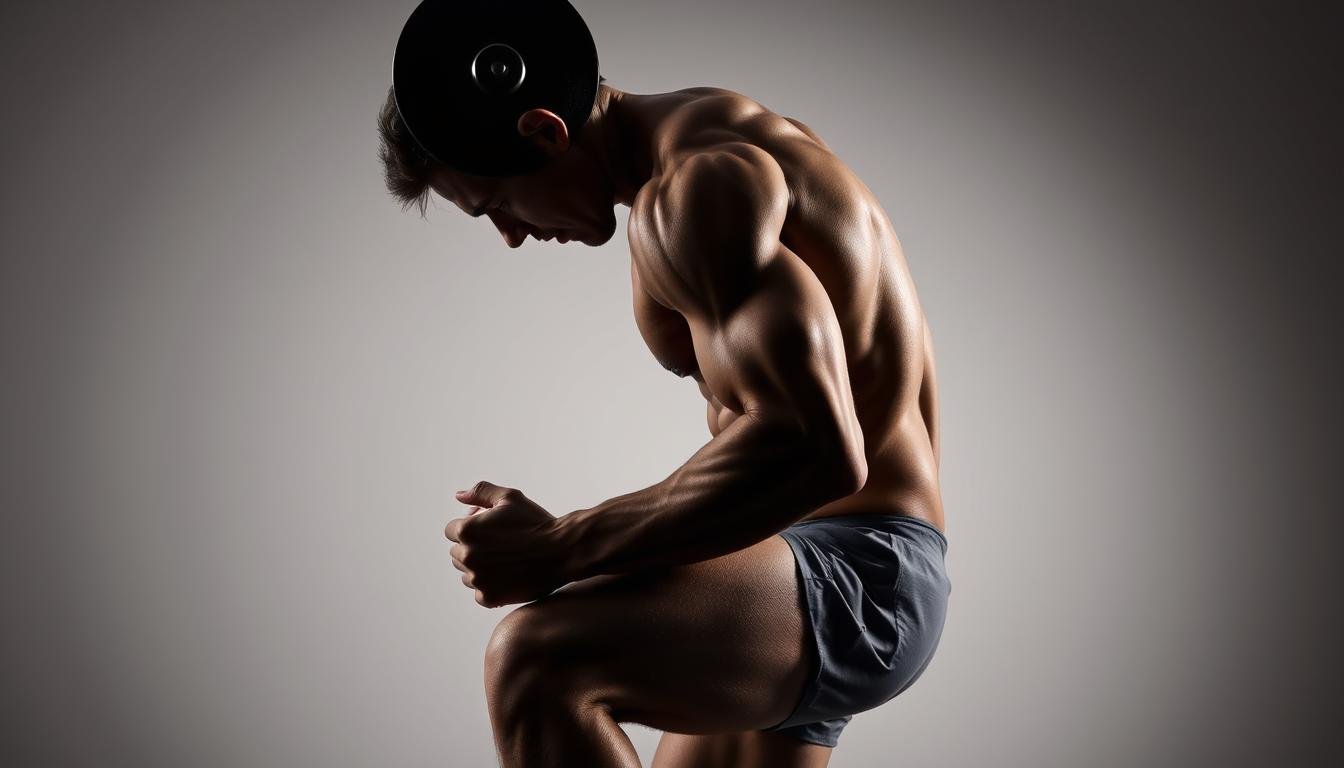 A muscular human figure in an isolated studio setting, performing an eccentric exercise such as lowering a weight or resisting a force. Dramatic side lighting highlights the engaged muscles and the tension in the limbs. The background is plain and neutral, keeping the focus on the dynamic movement. The overall mood is one of intense physical exertion and controlled force. The image should clearly convey the concept of eccentric exercise and its relation to delayed onset muscle soreness.