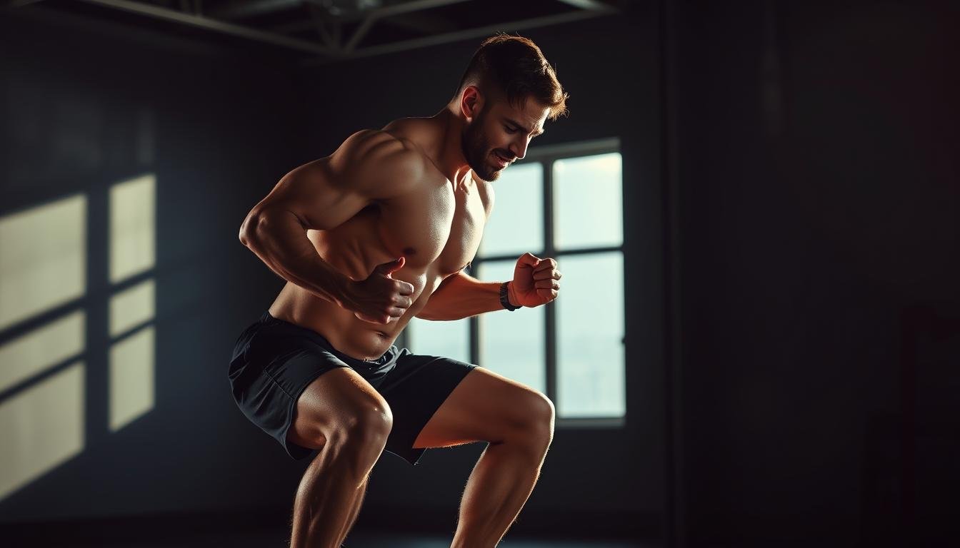 A muscular male athlete performing a high-intensity interval training (HIIT) exercise, such as a burpee or squat jump, in a dimly lit gym. The figure is captured mid-motion, with veins popping and muscles straining against the exertion. Dramatic backlighting casts long shadows, emphasizing the explosive power and dynamic tension of the movement. The background is blurred, keeping the focus on the central subject and their intense, muscle-building workout. The overall mood is one of raw, primal energy and the transformative effects of HIIT on physical strength and conditioning.