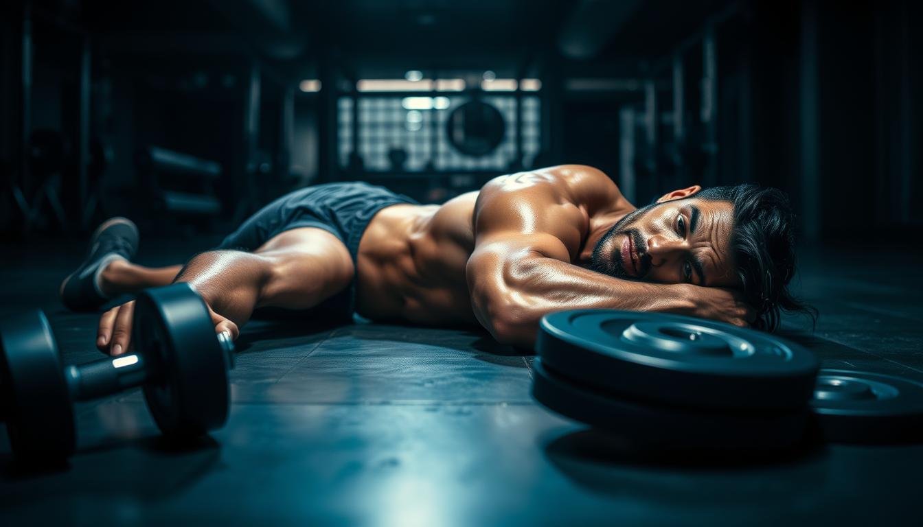 A muscular male figure lies exhausted on a dimly lit gym floor, sweat glistening on his skin. In the foreground, a dumbbell and weight plates are scattered, symbolizing the intense workout just completed. The middle ground depicts strained muscles, highlighted by dramatic shadows and highlights, conveying the strain of overtraining. In the background, a blurred image of fitness equipment and a minimalist gym interior creates a sense of confinement and intensity. The overall mood is one of fatigue, recovery, and the delicate balance between pushing limits and allowing the body to rest and rebuild.