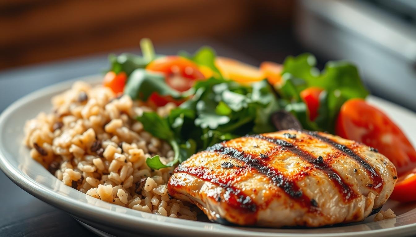 A nutritious and protein-rich meal, showcasing a balanced plate of grilled chicken, brown rice, leafy greens, and colorful vegetables. The scene is lit by warm, natural lighting, creating a mouthwatering and inviting atmosphere. The composition highlights the importance of proper nutrition for muscle development, with the ingredients arranged in a visually appealing manner. The focus is on the main dish, while the background remains softly blurred, emphasizing the central subject. The overall image conveys the significance of a well-designed dietary plan in the pursuit of building muscle mass.