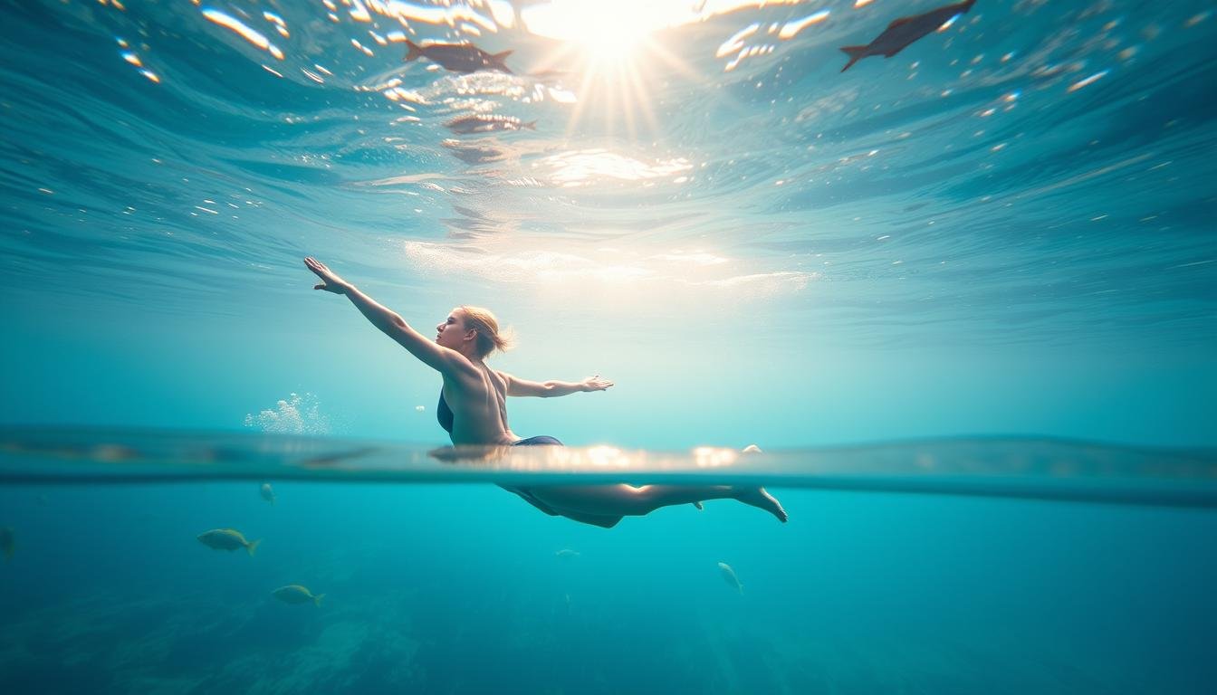 A peaceful underwater scene depicting a swimmer performing breathing exercises. In the foreground, a person gracefully glides through the water, their arms extended and legs kicking gently, inhaling deeply through their nose and exhaling slowly through pursed lips. The middle ground features a school of tropical fish swimming around the swimmer, adding a sense of tranquility. The background shows the sun's rays piercing through the clear, azure water, creating a serene and calming atmosphere. The lighting is soft and diffused, emphasizing the tranquil and meditative nature of the scene. The camera angle is slightly elevated, providing a view that captures the swimmer's fluid movements and the serene underwater environment.