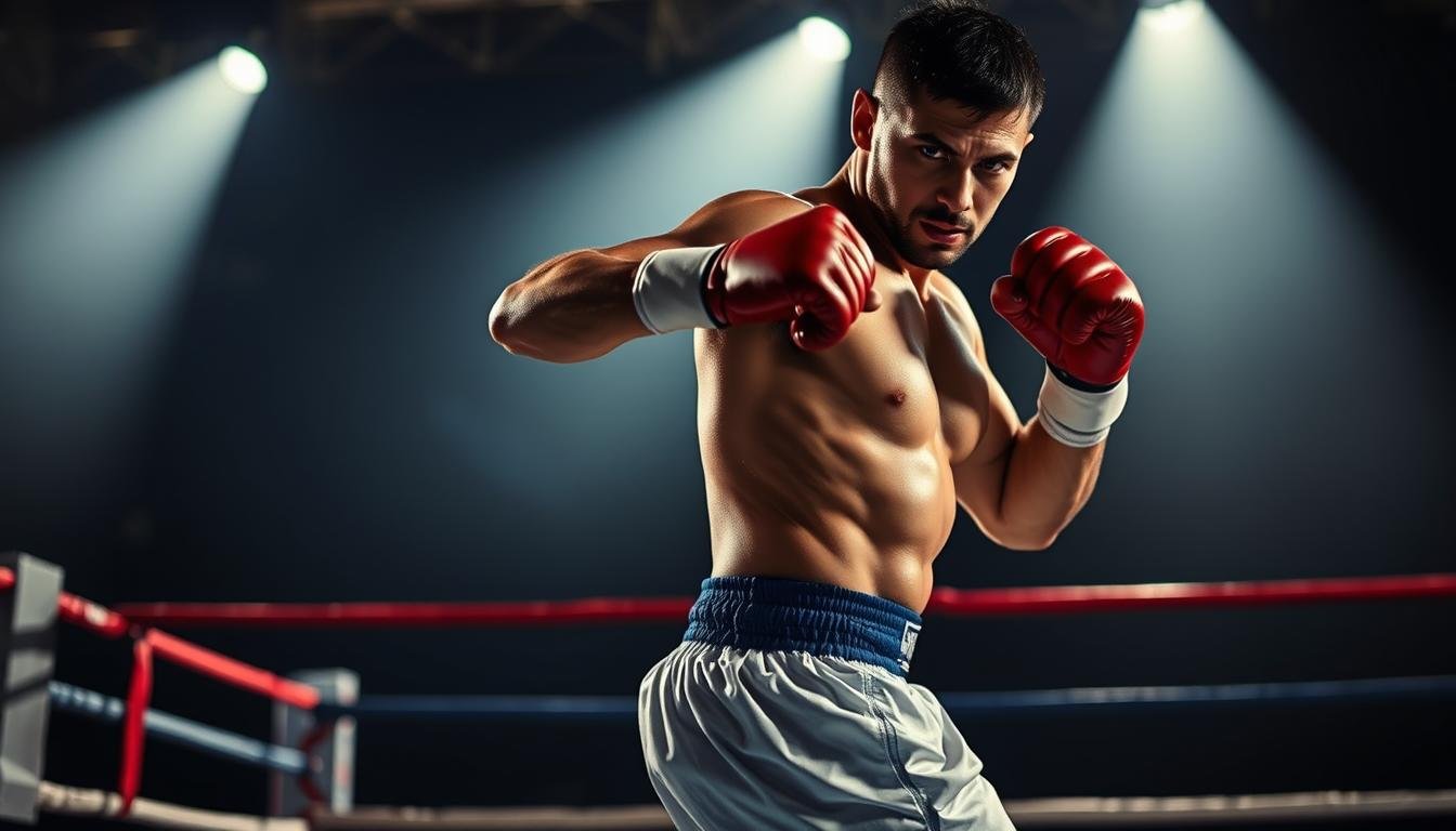 A powerful boxer stands in a boxing ring, focused and balanced, demonstrating the equilibrium between force, speed, and technique. Overhead lighting casts dramatic shadows, highlighting the taut muscles and intense expression. The boxer's hips are rotated, generating torque and kinetic energy as they prepare to unleash a devastating punch. The background is blurred, drawing attention to the boxer's form and the physics of the movement. The scene conveys the essence of "Entrenamiento y Equilibrio entre Fuerza y Velocidad", capturing the harmony between physical attributes that defines the art of boxing.