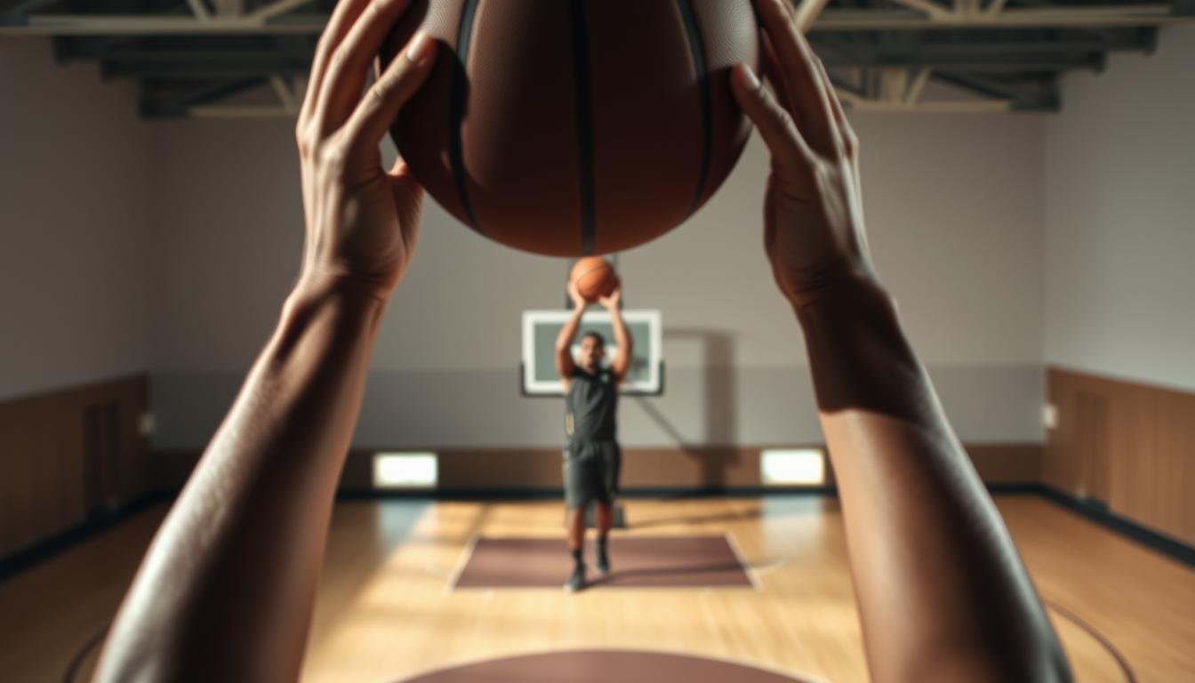 A professional basketball player executing a perfect free throw technique. In the foreground, the player's hands delicately grip the ball, their eyes focused and determined. The middle ground captures the fluid motion of the player's release, the ball arcing gracefully through the air. In the background, the basketball court stretches out, the hoop standing tall and inviting. Soft, dramatic lighting casts shadows that accentuate the player's form, creating a sense of power and precision. The atmosphere is one of concentration, skill, and the pursuit of mastery in the art of the free throw.