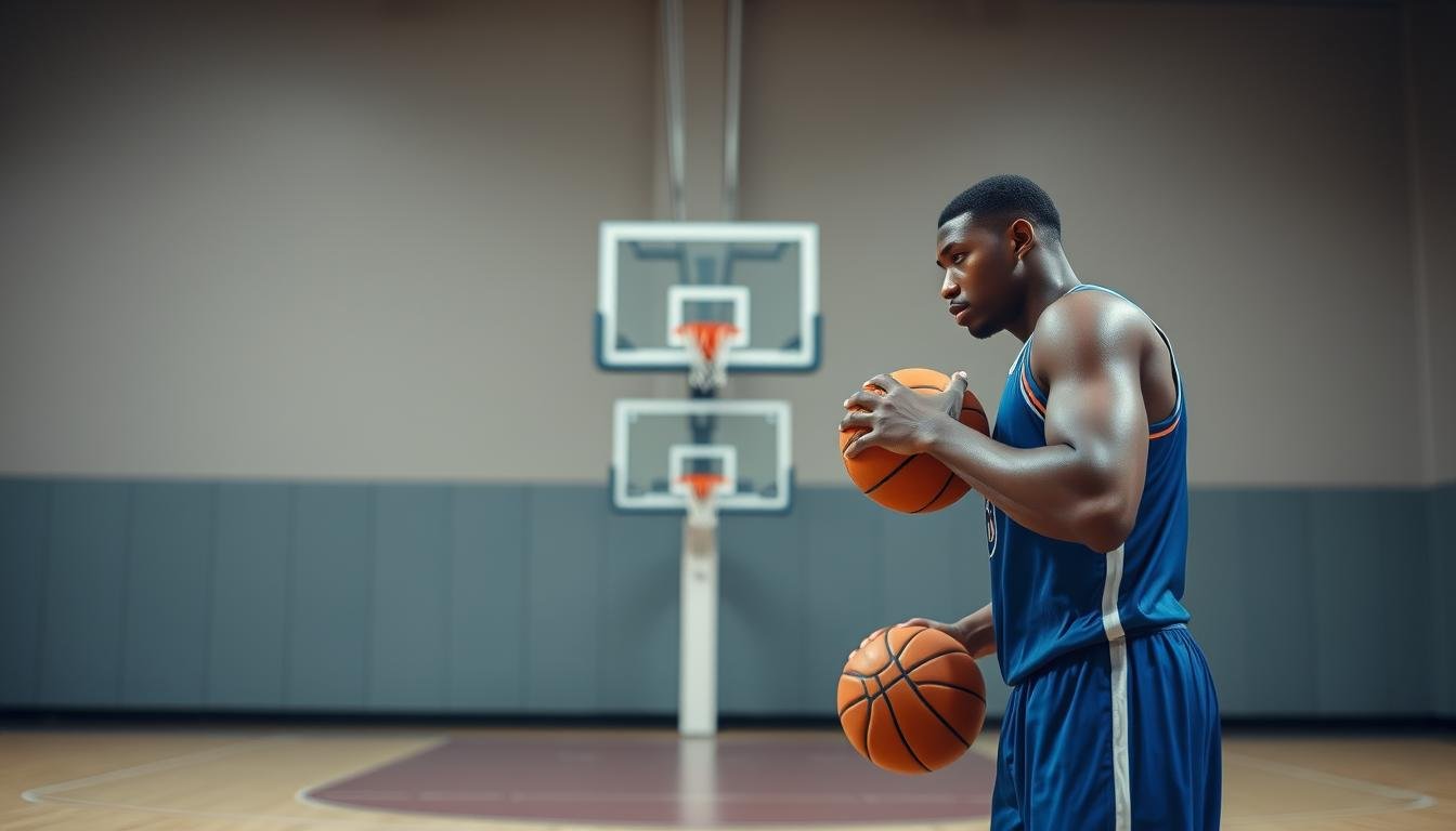 A professional basketball player standing on a basketball court, meticulously preparing for a free throw. In the foreground, the player is focused, shoulders squared, knees bent, holding the ball with intense concentration. The middle ground features the basketball hoop, a symbol of the player's goal, casting a soft, even light across the scene. In the background, the court stretches out, with subtle lines and markings guiding the eye towards the hoop. The atmosphere is one of determination and mental focus, the player's expression calm and resolute, ready to execute the perfect free throw.