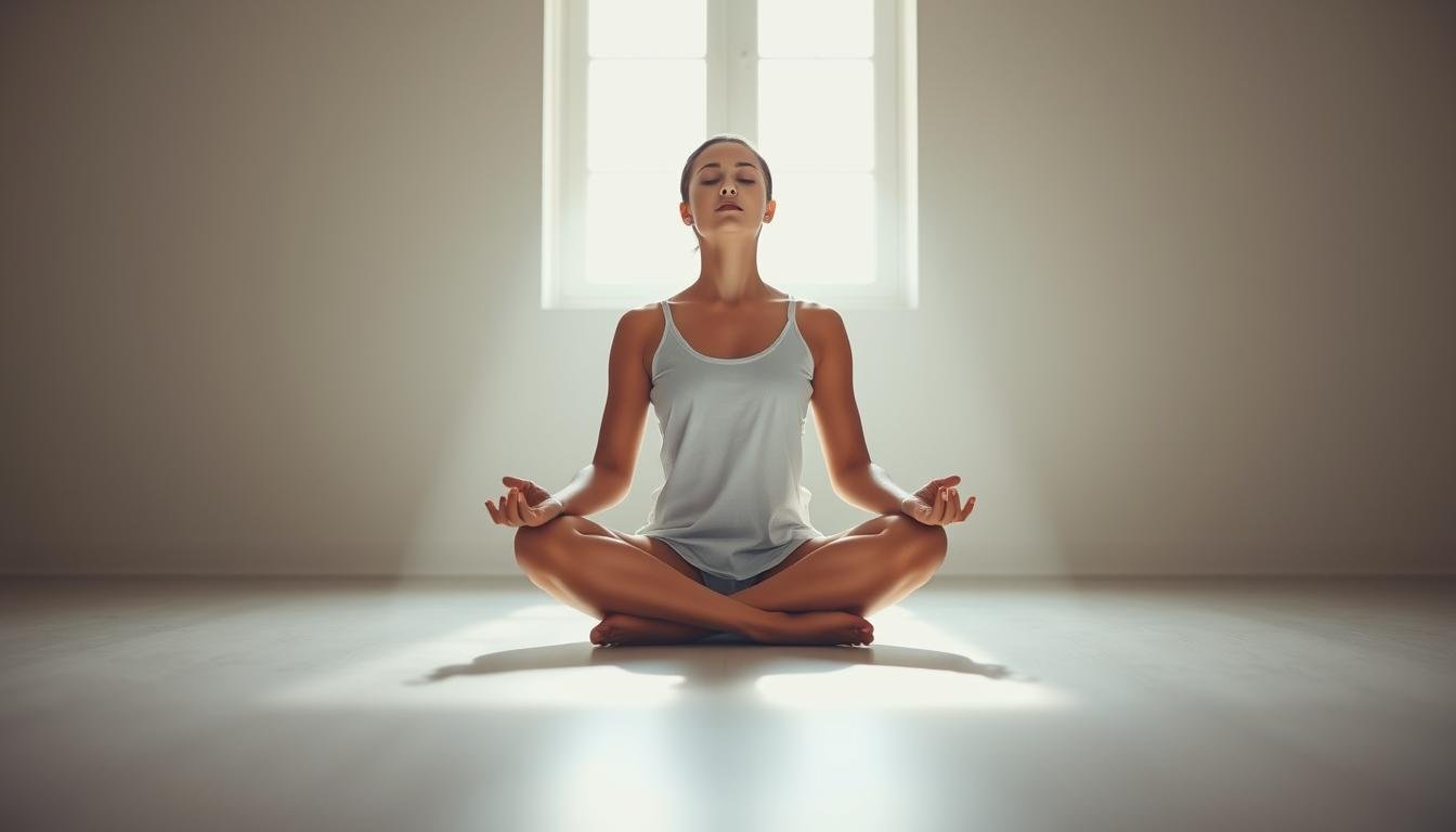 A serene figure sits cross-legged, eyes closed, hands resting gently on their lap, as they engage in conscious breathing. The scene is bathed in soft, natural lighting that filters through a window, casting a warm, meditative glow. The background is a minimalist, monochromatic space, allowing the central subject to be the sole focus. The pose and expression convey a sense of tranquility, focus, and inner stillness, reflecting the fundamentals of mindfulness practice. The composition is balanced, with a sense of harmony and simplicity, inviting the viewer to find their own moment of peaceful contemplation.