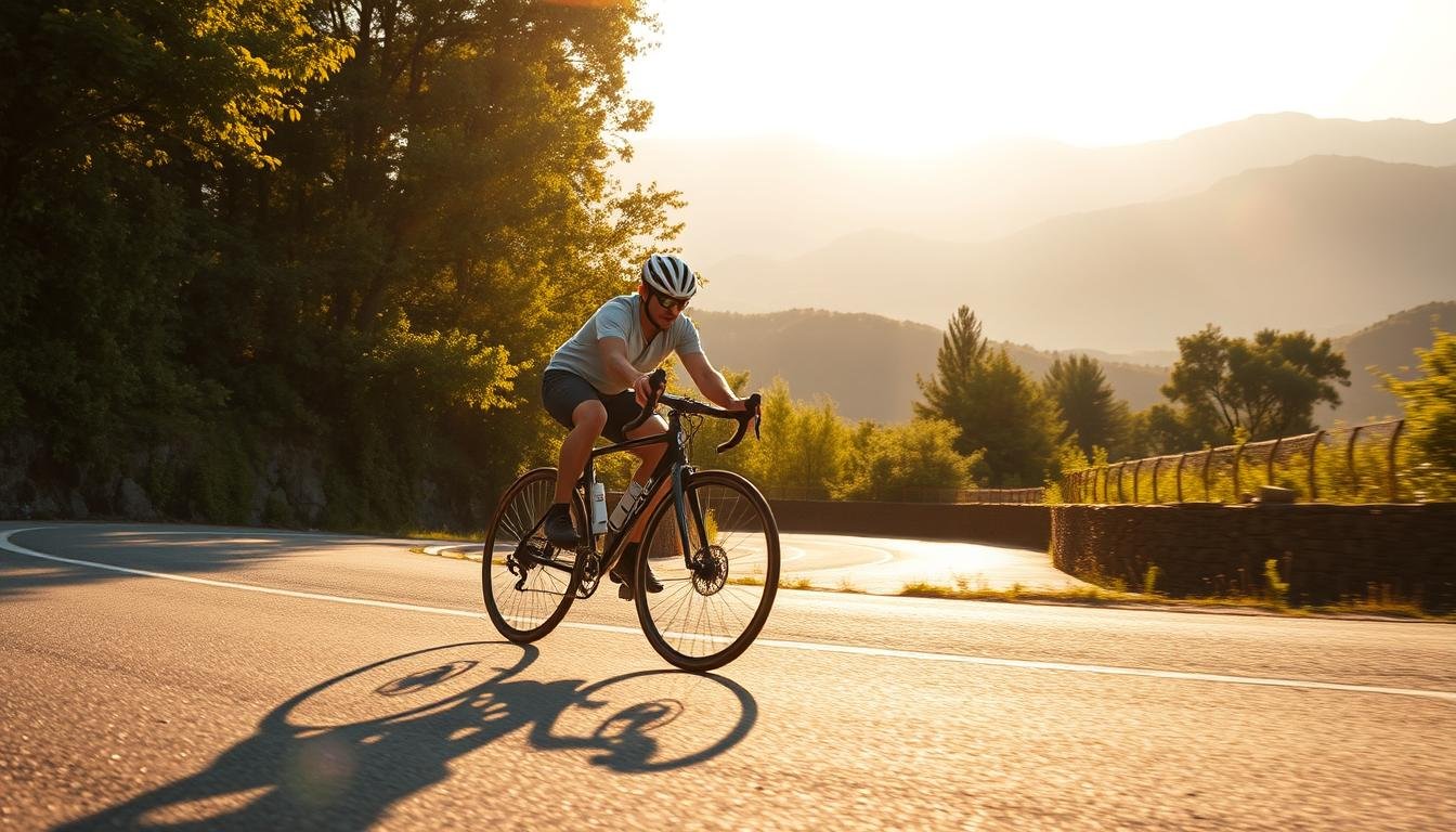 A serene, well-lit scene depicting a cyclist navigating a winding road, harnessing the gyroscopic effect for smooth, stable control. The rider leans gently into turns, maintaining perfect balance as the bicycle's front wheel effortlessly carves through the tarmac. Sunlight filters through lush foliage, casting a warm, golden glow over the tranquil landscape. The cyclist's posture is relaxed yet alert, demonstrating the principles of safe, efficient riding. In the background, distant mountains rise, underscoring the serene, picturesque setting. The overall composition conveys a sense of harmony between human, machine, and environment, showcasing the practical application of gyroscopic principles in everyday cycling.