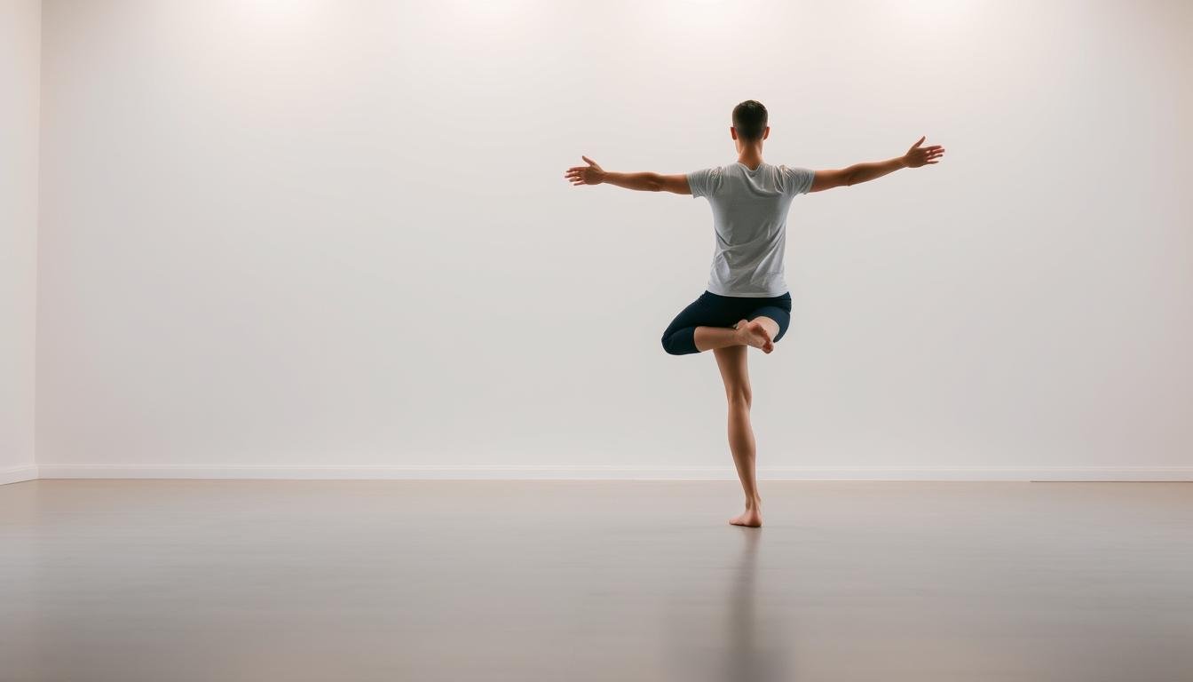 A serene, well-lit scene depicting a person performing various static balance exercises. The foreground shows a calm, focused individual standing on one leg, with their arms extended outwards, maintaining perfect poise and control. The middle ground features additional balance poses, such as standing on tiptoes or with one foot in front of the other. The background showcases a minimal, neutral setting, allowing the subject to be the center of attention. Soft, diffused lighting casts a gentle glow, creating a peaceful, therapeutic atmosphere. The overall composition emphasizes the simplicity and effectiveness of these balance-improving exercises, suitable for individuals of all ages.