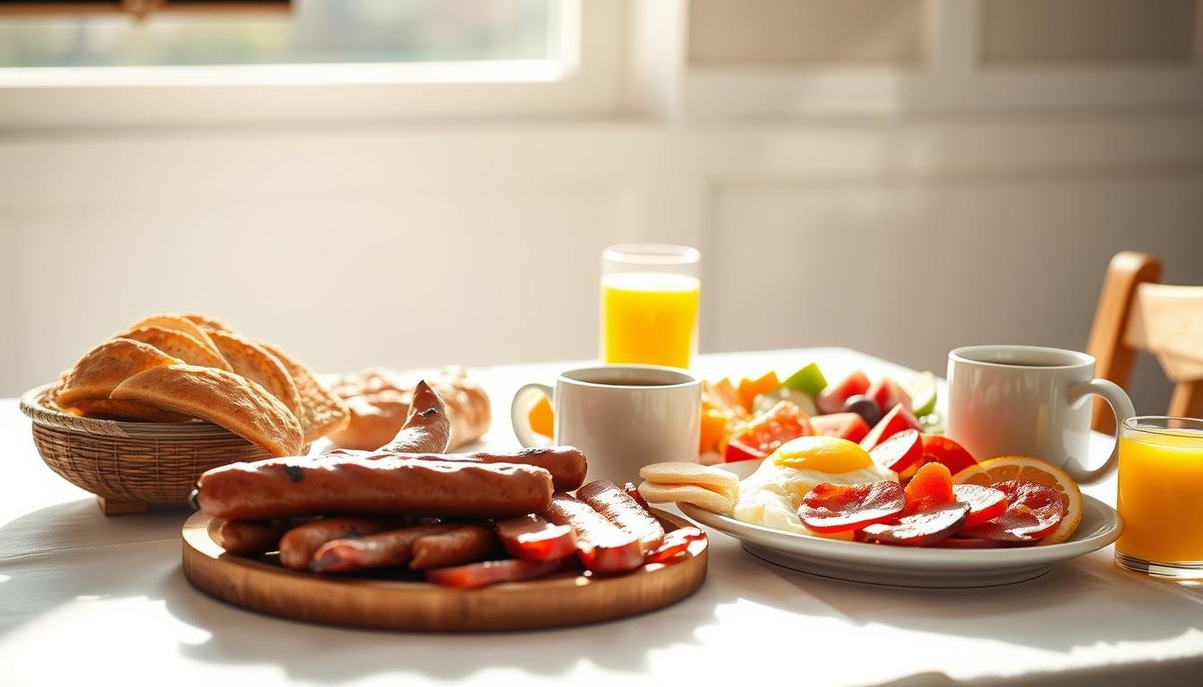 A sumptuous breakfast spread against a bright, sunlit backdrop, capturing the pre-match anticipation. A platter of hearty scrambled eggs, grilled sausages, crisp bacon, and fresh-baked bread, accompanied by a steaming mug of rich coffee. Vibrant sliced fruits and a glass of freshly squeezed orange juice add a healthy touch. The setting evokes a cozy, relaxed atmosphere, with a white tablecloth and simple wooden chairs, setting the stage for a nourishing start to the big game day.