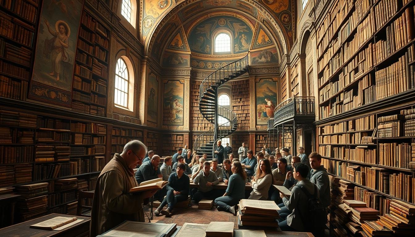 A sweeping panoramic view of an ancient library, its vast shelves lined with weathered tomes, the walls adorned with intricate tapestries and frescoes depicting the evolution of visualization techniques throughout history. Soft, warm lighting filters in through high arched windows, casting a contemplative glow over the scene. In the foreground, a lone scholar pores over an ornate tome, deep in thought, surrounded by the accumulated wisdom of generations. The middle ground reveals a throng of students engaged in animated discussions, their gestures and expressions mirroring the insights they glean from the texts. In the background, a grand spiral staircase winds upwards, hinting at the depths of knowledge yet to be explored. An atmosphere of timeless erudition and the pursuit of understanding pervades the space, setting the stage for the history and origins of the powerful visualization technique.