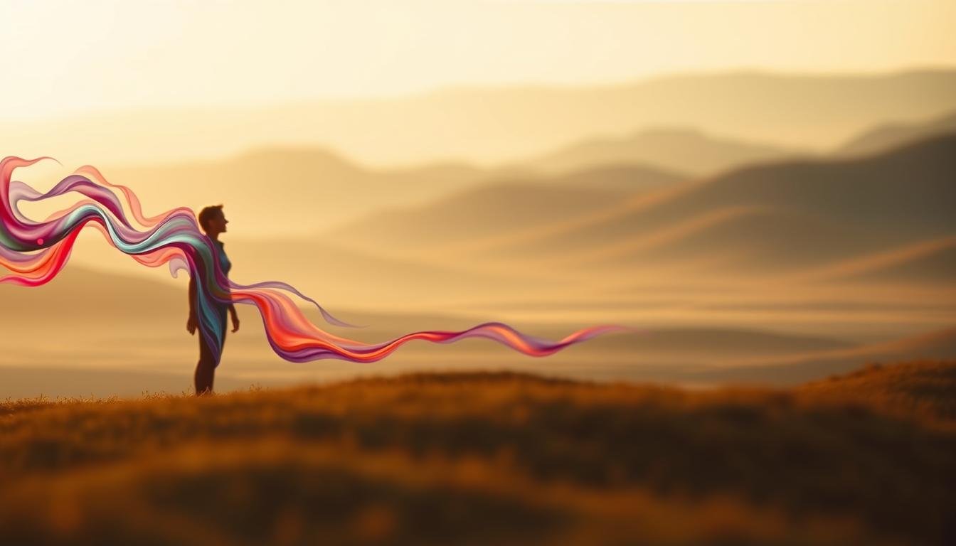 A tranquil, serene landscape depicting the psychological "flow state" or "the zone". In the foreground, a fluid, ethereal figure representing the inner mental experience, swirling with vibrant colors and a sense of focused energy. The middle ground features a peaceful, minimalist environment with gentle hills and a muted color palette, evoking a state of calm and concentration. The background is softly blurred, drawing the viewer's attention inward. Warm, natural lighting casts a serene glow, creating a sense of harmony and effortless immersion. Captured through a wide-angle lens to convey the expansive, enveloping nature of the flow state experience.