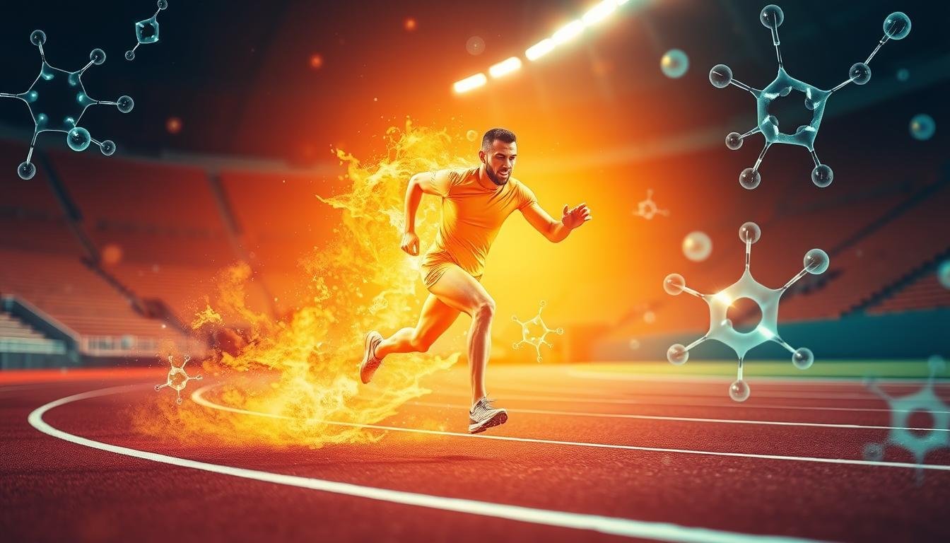A vibrant, high-resolution image of a runner energetically sprinting on a track, surrounded by glowing energy fields and biochemical visualizations representing the effects of caffeine on the body. The runner's form is sharp and dynamic, with a determined expression. The background features a blurred, out-of-focus stadium scene, emphasizing the athlete's focus. Warm, golden lighting casts a radiant glow, accentuating the runner's athletic prowess and the dynamic, performance-enhancing benefits of caffeine. The overall aesthetic evokes a sense of power, endurance, and mental clarity derived from the consumption of coffee before a sporting event.