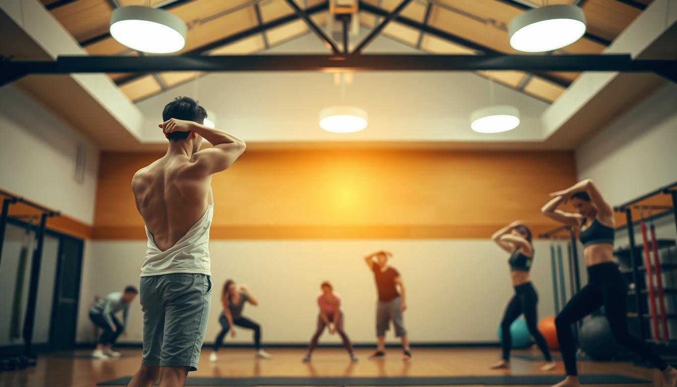 A well-lit gymnasium interior, the warm glow of overhead lamps casting a soft illumination. In the foreground, a person stands in a dynamic stretching pose, their muscles flexing as they prepare their body for the upcoming workout. The middle ground features additional people in various stages of warm-up exercises, some lunging, others twisting and reaching. The background showcases workout equipment, such as exercise balls and resistance bands, hinting at the physical activity to come. The overall atmosphere is one of focused intention, as the individuals ready themselves for an impactful training session through thoughtful muscular preparation.