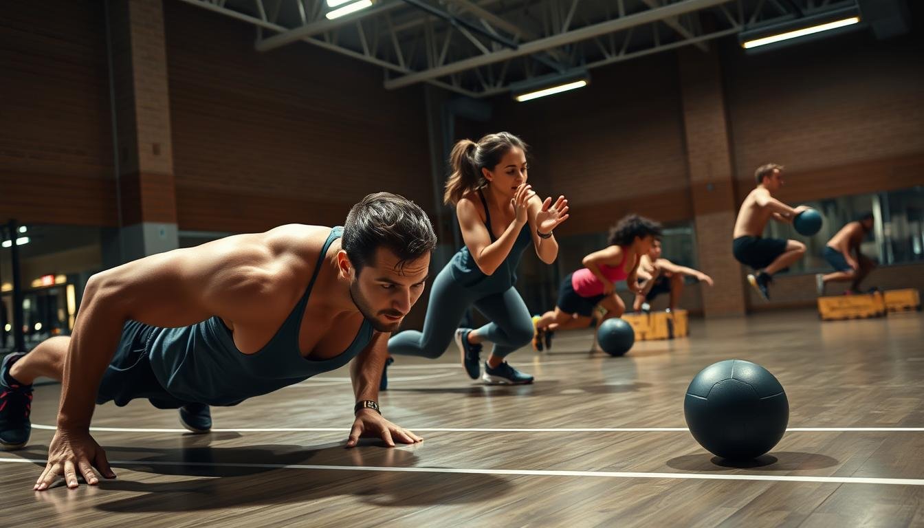 A well-lit gymnasium with a group of muscular athletes performing dynamic upper body plyometric exercises. The foreground shows a man executing explosive push-ups, his arms and torso powerfully extended. In the middle ground, a woman performs clapping push-ups, her hands leaving the floor as she drives through the movement. The background features other athletes doing various plyometric drills like medicine ball tosses and box jumps, all with an intense focus and controlled technique. The lighting is bright and directional, casting dramatic shadows and highlighting the definition in the athletes' physiques. The overall atmosphere is one of power, intensity, and elite athletic training.