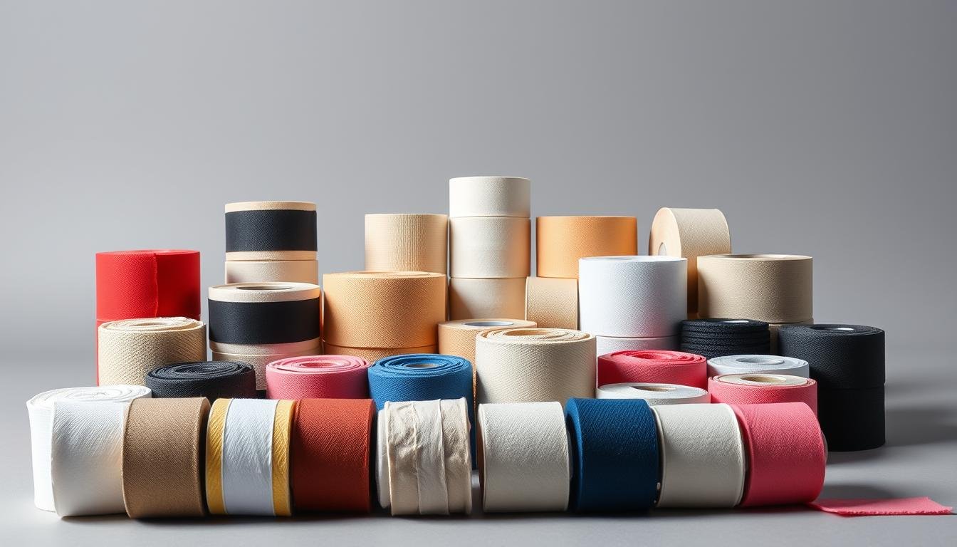 A well-lit studio shot showcasing an assortment of professional boxing hand wraps and bandages. In the foreground, a selection of cotton hand wraps in various colors and thicknesses are neatly arranged. In the middle ground, different types of elastic wraps and tape are displayed, highlighting their unique features and applications. The background features a neutral gray backdrop, allowing the materials to take center stage. The lighting is soft and diffused, creating a clean, professional look that emphasizes the textures and details of the boxing hand protection products. The overall composition is balanced and visually appealing, reflecting the technical and functional nature of the boxing hand wrap materials.