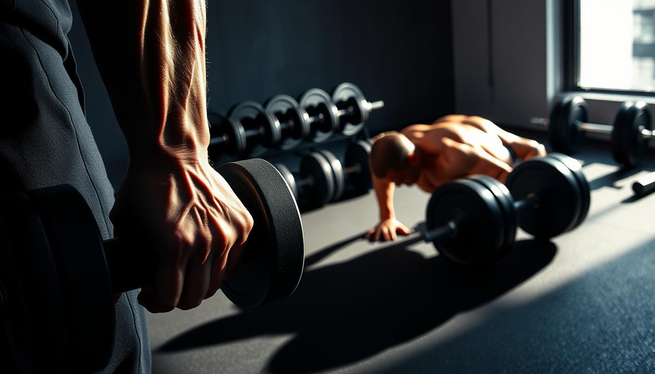 A well-lit, three-dimensional scene depicting the contrast between heavy weights and high-repetition exercises. In the foreground, a muscular arm gripping a large dumbbell, the veins standing out under the skin. In the middle ground, a torso performing a series of pushups, the muscles visibly straining. In the background, a rack of barbells and weight plates, casting long shadows on the floor. The lighting is dramatic, creating distinct highlights and shadows that accentuate the form and tension of the human body. The overall mood is one of power, intensity, and the pursuit of physical transformation.