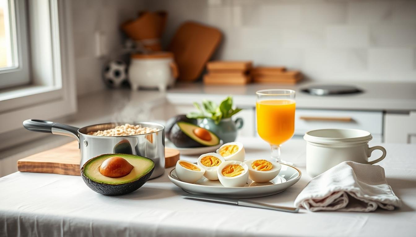 A well-stocked kitchen counter with an assortment of fresh, wholesome ingredients: steaming pot of oatmeal, sliced avocado, hard-boiled eggs, Greek yogurt, and a glass of freshly squeezed orange juice. A crisp, white tablecloth and clean, minimalist tableware set the scene for a nourishing pre-game meal. Soft, natural lighting filters through the window, casting a warm glow over the scene. The overall atmosphere is one of intentionality, focus, and care - the perfect preparation for the big game ahead.