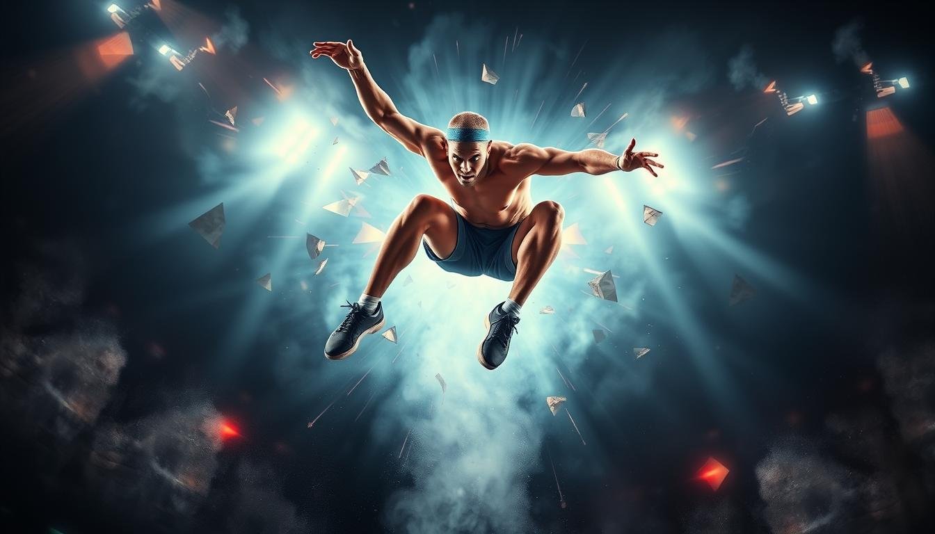 An athlete, muscles tensed, explosively launching into the air, limbs extended, face determined, against a backdrop of dynamic, abstract energy fields and geometric shapes, conveying the physics and power of the vertical leap, illuminated by dramatic, high-contrast lighting, captured with a wide-angle lens to emphasize the force and motion.