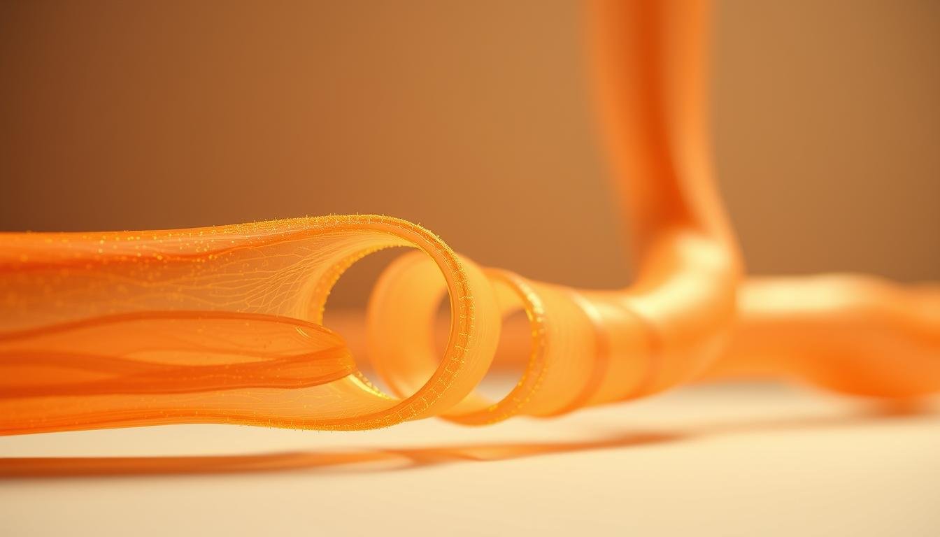 Detailed cross-section of an elastic tendon, illuminated by warm, directional lighting that highlights its intricate structure. In the foreground, delicate collagen fibrils are visibly interwoven, conveying the tendon's capacity to store and release energy. The middle ground showcases the tendon's undulating profile, resembling a tightly coiled spring. In the background, a softly blurred anatomical context provides contextual grounding. The overall mood is one of scientific curiosity and the elegant biomechanics underlying human movement.