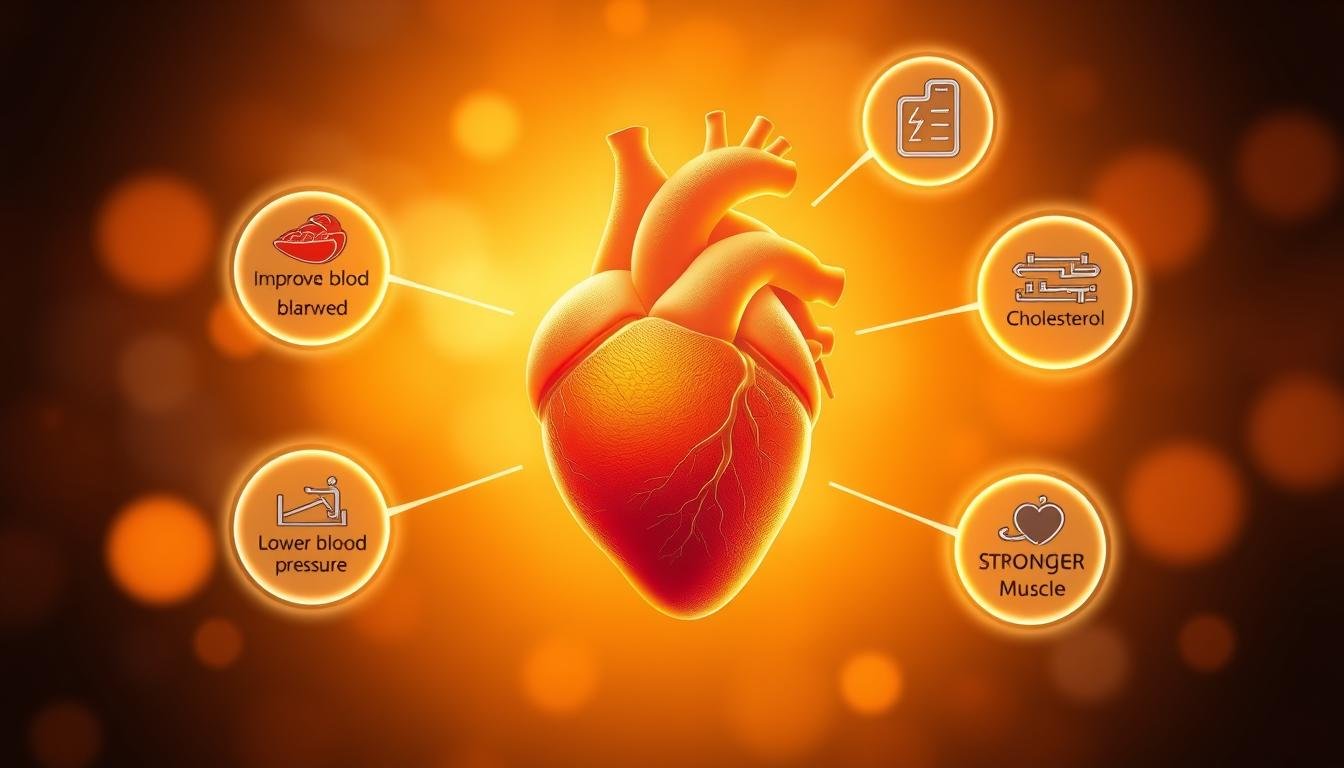 Detailed digital illustration of cardiovascular health benefits, showcasing a healthy human heart in the center, surrounded by glowing circular icons representing various benefits such as improved blood flow, lower blood pressure, reduced cholesterol, and stronger heart muscle. The scene is bathed in a warm, soft light, creating a serene and informative atmosphere. The composition is well-balanced, with the heart as the focal point and the supporting elements arranged in a visually appealing layout. The overall style should be clean, modern, and visually compelling to effectively convey the importance of HIIT training for cardiovascular wellness.