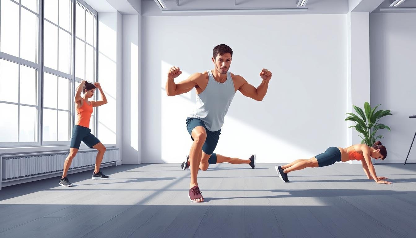 Detailed illustration of beginner strength training exercises. A well-lit, high-resolution studio scene showcasing a person performing a variety of fundamental strength-building movements like squats, pushups, lunges, and core exercises. Bright, airy atmosphere with natural lighting from large windows, clean and minimalist backdrop. The subject is demonstrating proper form and technique, with clear focus on muscle engagement and bodyweight activation. The overall tone is educational and inspirational, conveying the accessible nature of strength training for novice fitness enthusiasts.
